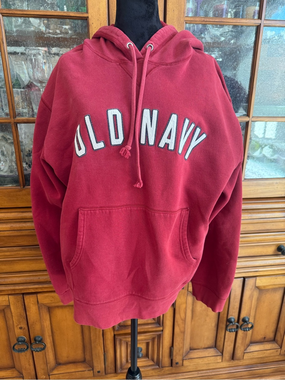 Old Navy Men's Deep Red Crewneck Hoodie with White Logo